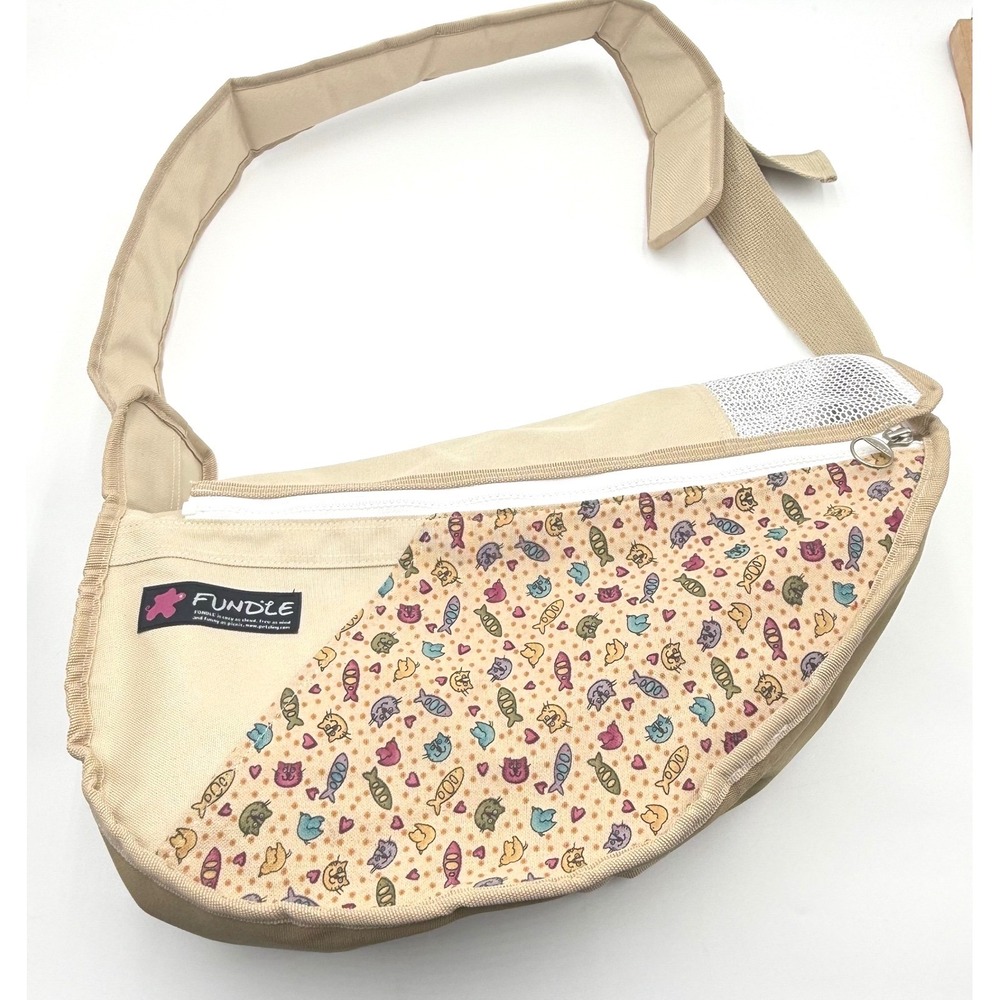 Fundle Pet Sling Carrier Beige Cat Print Hands Free Dog Puppy Bag Made Korea